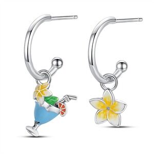 S925 Silver Cocktail Drink Flower Hoop Earrings Tropical Summer Jewelry‎